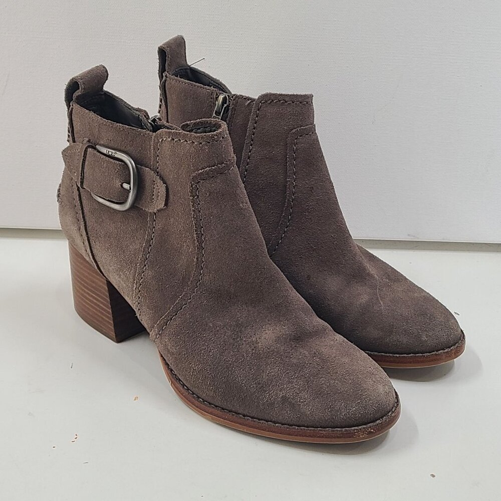 UGG Leahy Ankle Boots Stacked Block Heel Zip Booties Gray Suede Size 9.5 Classic
